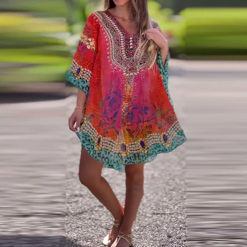 ヴィンテージ花柄ビーチドレス レディース 春ファッション Vネック ルーズミニドレス 夏 七分袖 カバーアップドレス ワンピース