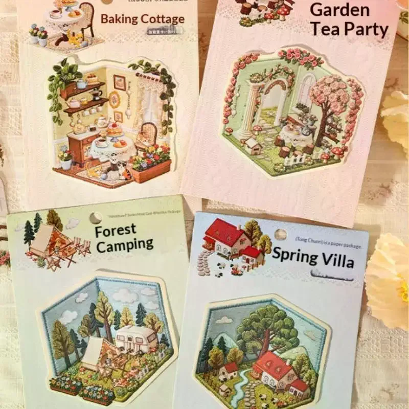 1 Set Spring DIY Decals Creative 3D Scenes Cartoon Landscape Stickers For Gift Card Collage Junk Journal Scrapbook Decor