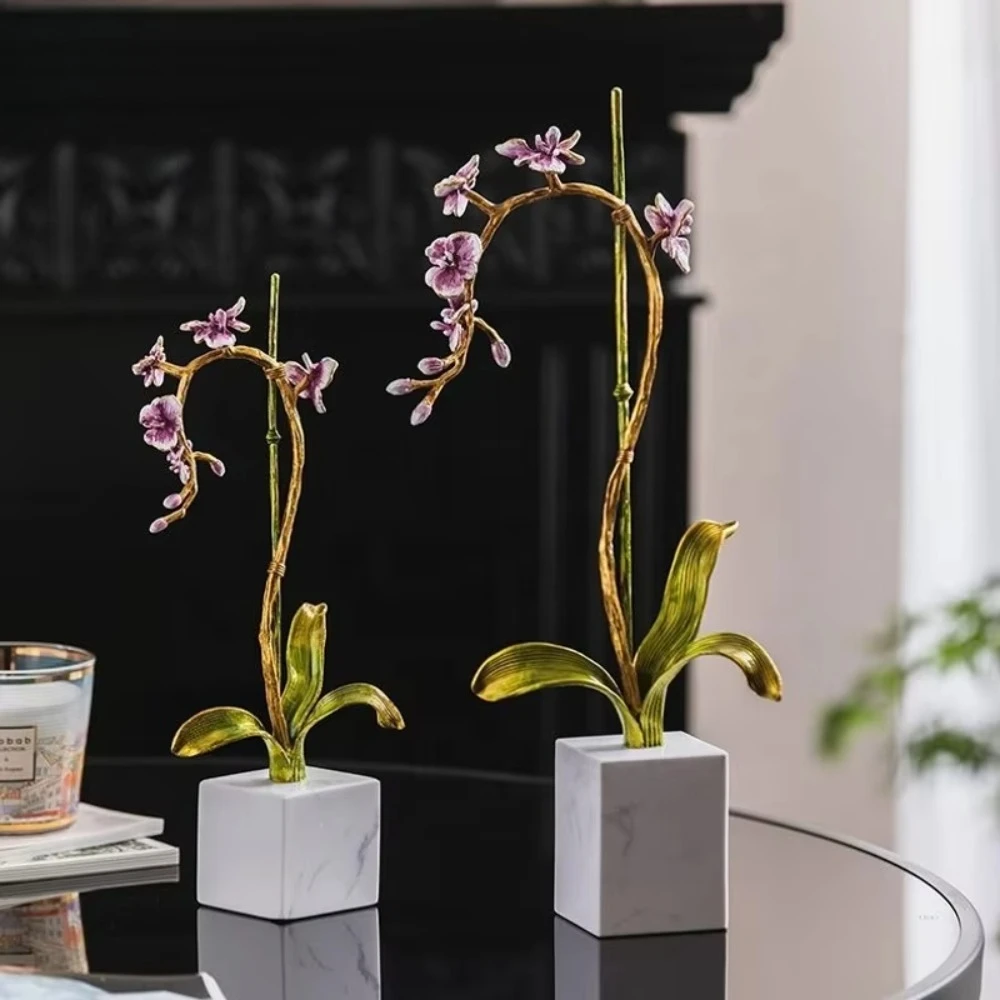 Light luxury modern orchid desktop decoration brass marble decoration living room wine cabinet home decoration