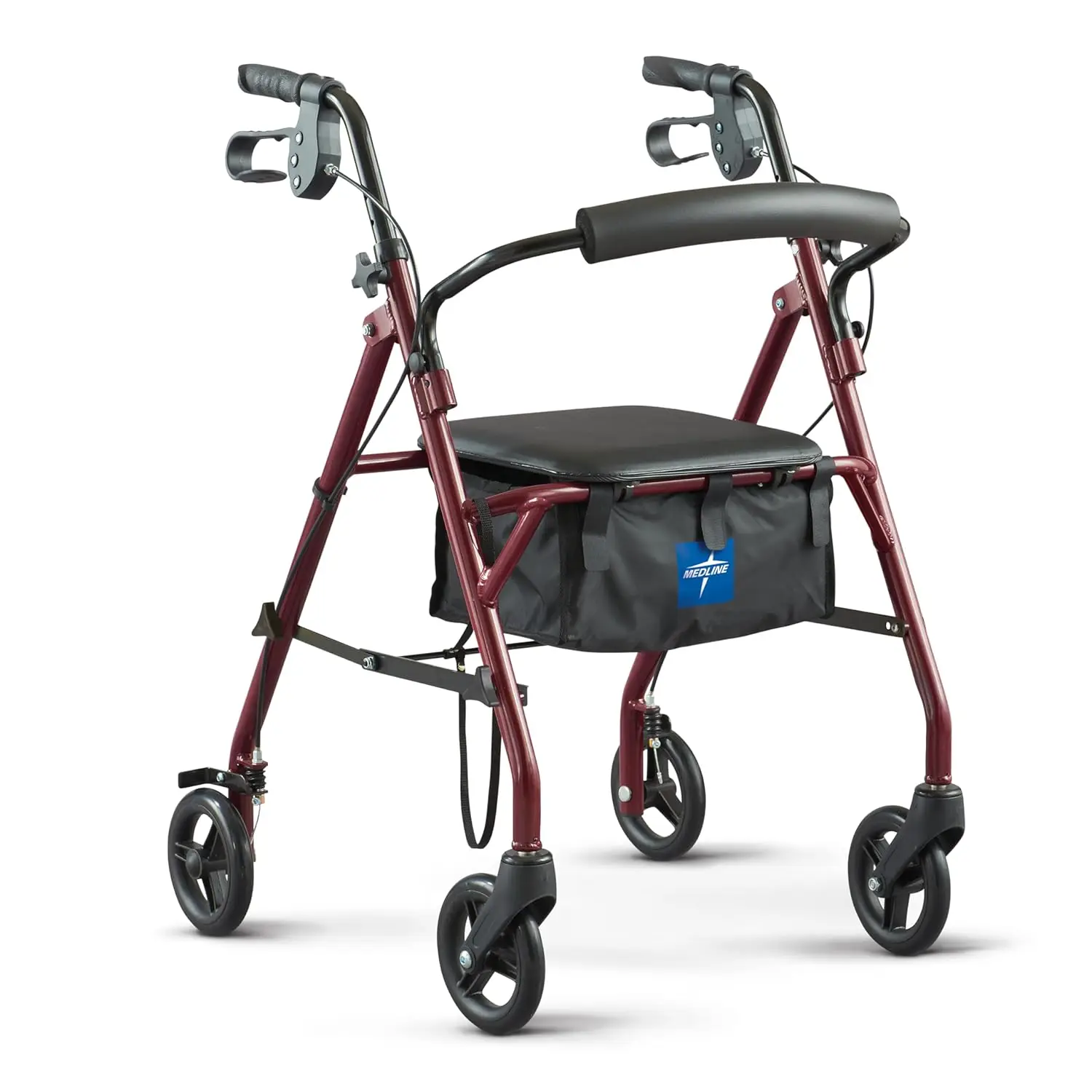 Rollator Walker with Seat, Steel Rolling Walker with 6-inch Wheels Supports up to 350 lbs, Medical Walker, Burgundy