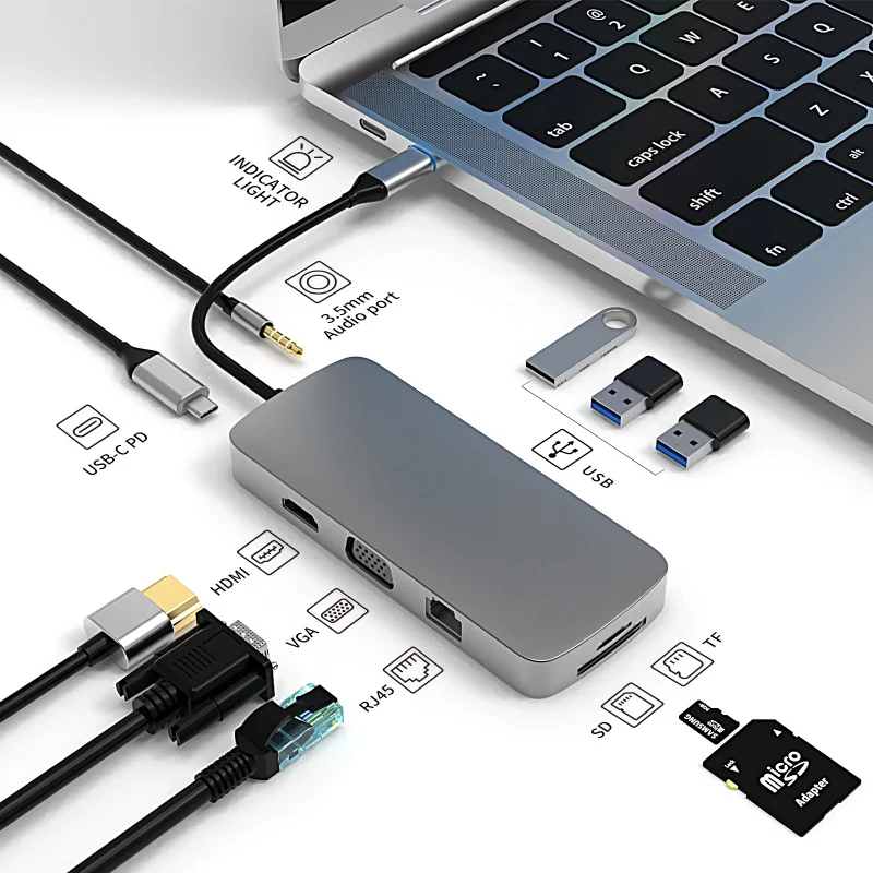10 Port USB C Docking Station HDMI VGA RJ45 SD TF Audio Adapter with PD Charging for Laptop