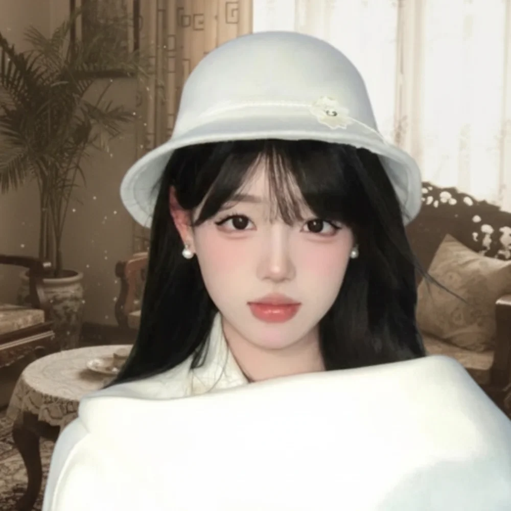 

French Style Flower Topper Hat Pearl Embellished Women Elegant Wool Fisherman Hepburn Hat Vintage Girl Solid Color Bucket Hat