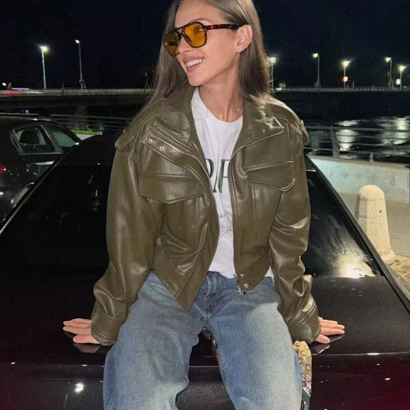 TFMLN, chaqueta recortada de piel sintética para mujer, abrigos Vintage gruesos de manga larga con cremallera para invierno 2025, ropa de calle para mujer