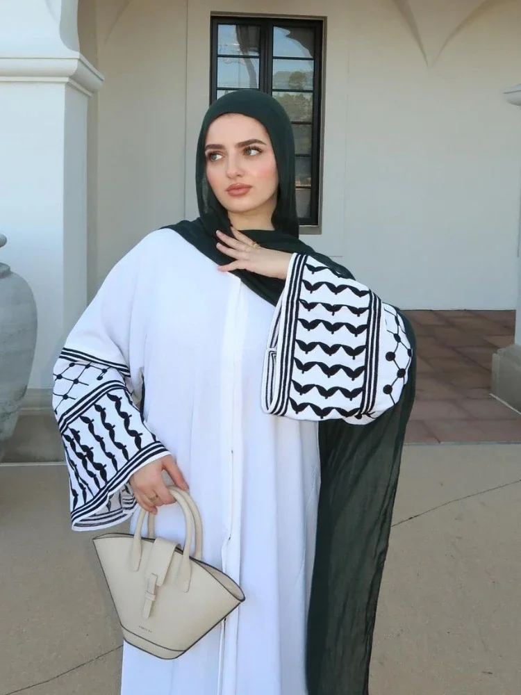 Palestine White Open Abaya Kimono Keffiyeh Embroidery Tassels Muslim Abayas for Women Dubai Ramadan Eid Islam Hijab Dress Kaftan