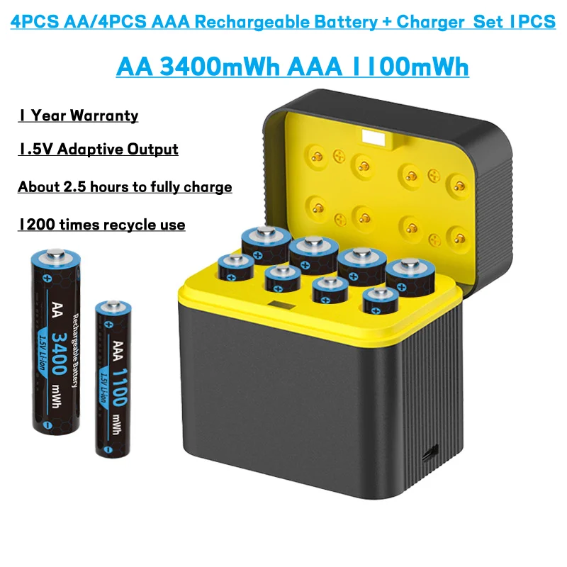 1.5 فولت AA 3400mWh/AAA1100mWh بطارية ليثيوم قابلة للشحن مع علبة شحن سعة كبيرة متوافقة مع الكاميرا ولوحة الألعاب ونظام تحديد المواقع العالمي (GPS) والألعاب