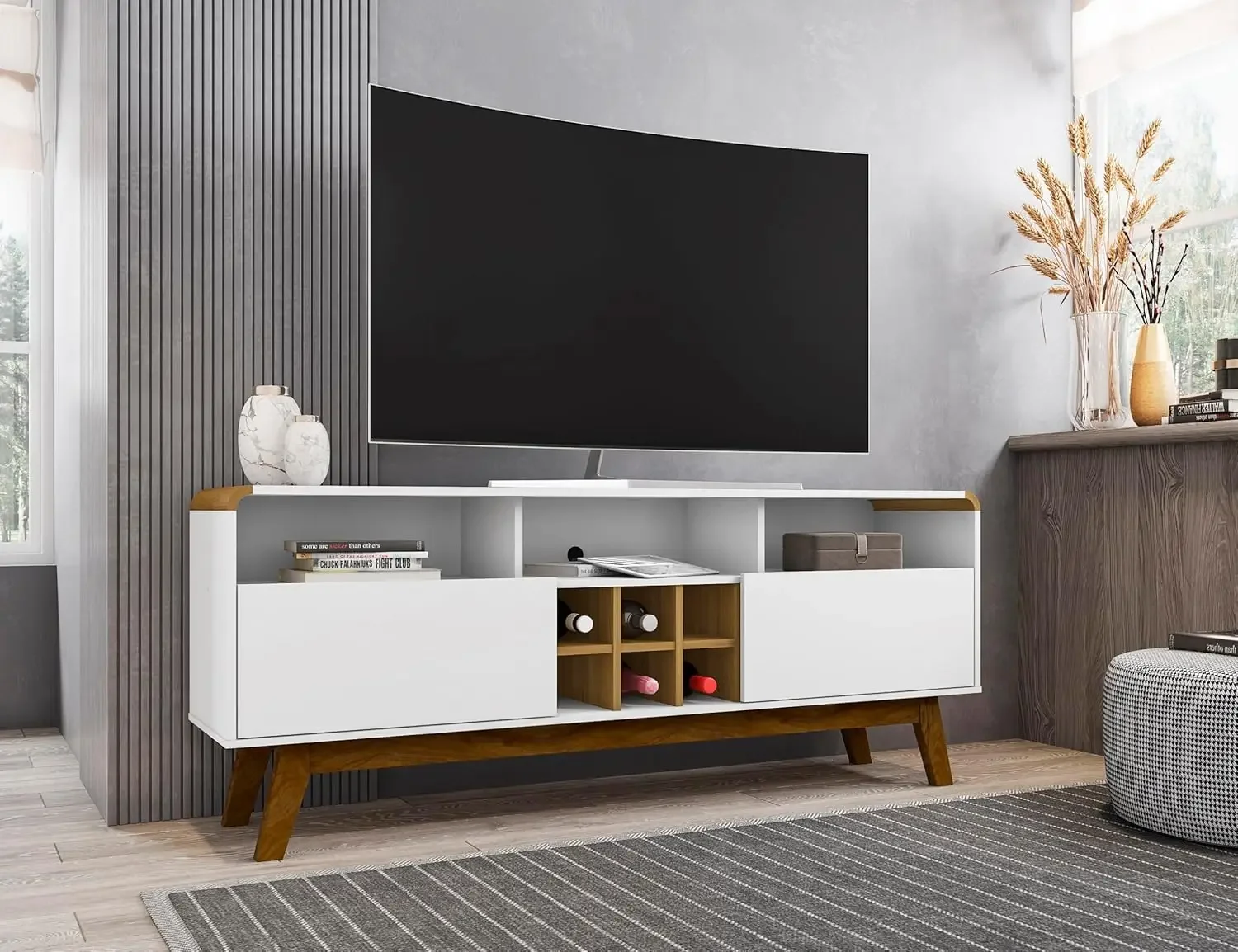 Comfort Camberly Mid Century Modern TV Stand with 5 Shelves|62.99 Inches| White and Cinnamon