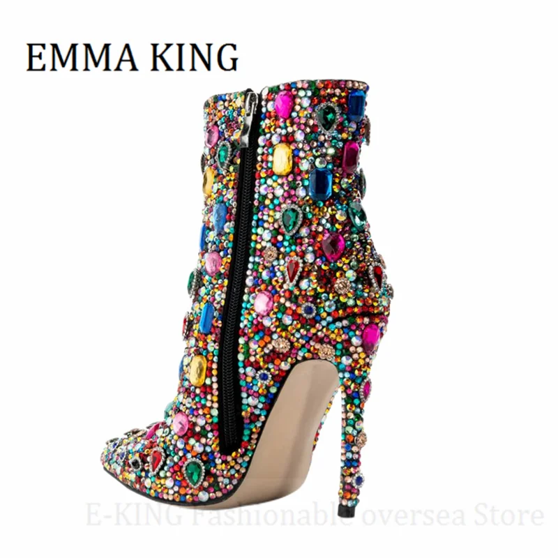 Women Multicolor Crystal Ankle Boots Sexy Stiletto Heels Rhinestone Cocktail Booties Ladies Bling Party Shoes Botas De Mujer