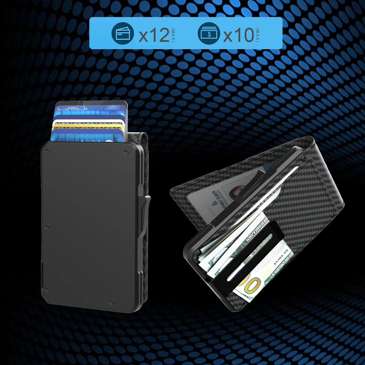 RFID Carbon Fiber Men's Wallet Anti-Theft Slim Wallet - Ultra Thin Smart Card Holder with Pop-Up Mechanism & Money Clip