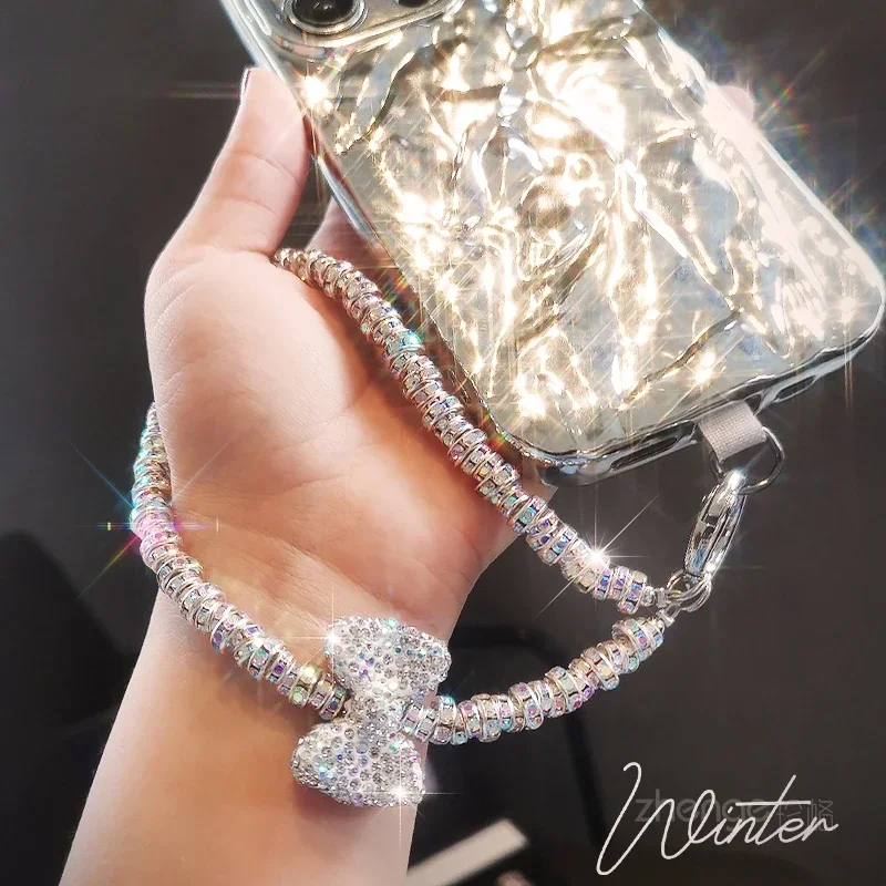 

Короткий ремешок со стразами и бантом, блестящий ремешок для браслета, универсальный подвесной ремешок для сумки, ювелирные изделия для тела