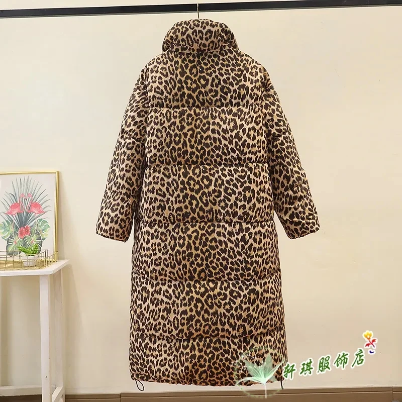 2024 Winter New Fashion Leopard Pattern Down Cotton Jacket for Women Long Loose Thick Warm Long Cotton Jacket Parkas Stand Colla