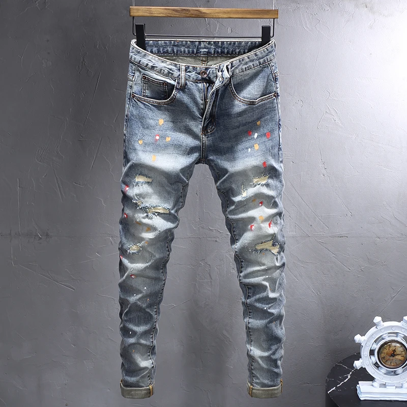 High Street Fashion Men Jeans Retro Washed Blue Stretch Slim Fit Ripped Jeans Men Painted Designer Vintage Denim Pants Hombre