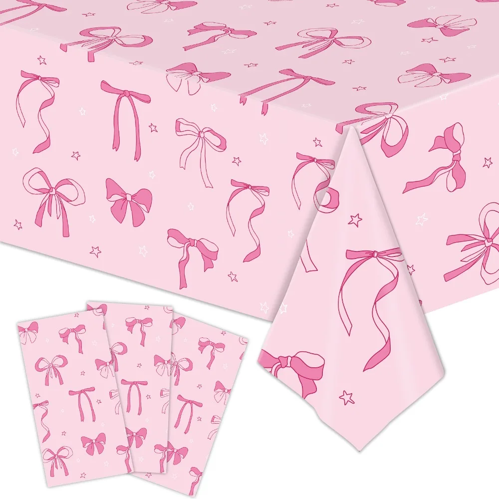 Cute Bow Birthday Theme Table Clothes Plastic Disposable Table Cover Waterproof Black Pink White Tablecloth for Girls Kids