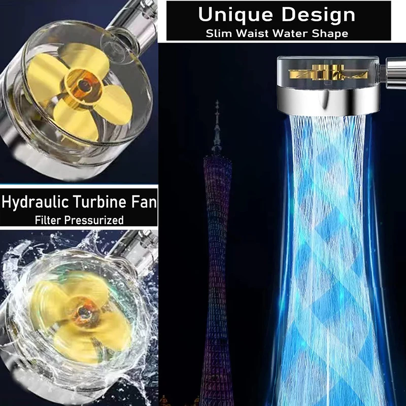 High Pressure Handheld Shower Head with Filters Vortex Hydro Jet Turbo Propeller 360 Degrees Rotating Easy Install