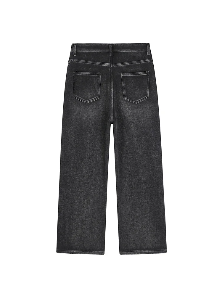 GIBSIE Plus Size Retro High Waisted Thick Fleece Jeans Women Fashion Loose Winter Warm Female Straight Wide Leg Denim Trousers