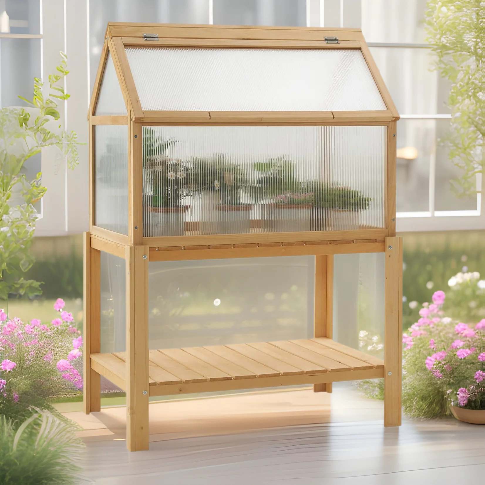 Factory Export Supply Wooden Flower House Wooden Flower Pot Planting Sun Room Solid Wood Household Small Greenhouse