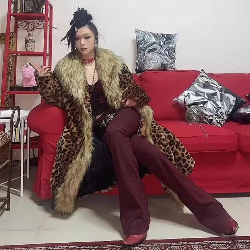 Leopard Long Faux Fur Coat for Women Warm Thick Autumn Winter Jacket Large Size Overcoat with Turn down Collar Maxi Outerwear