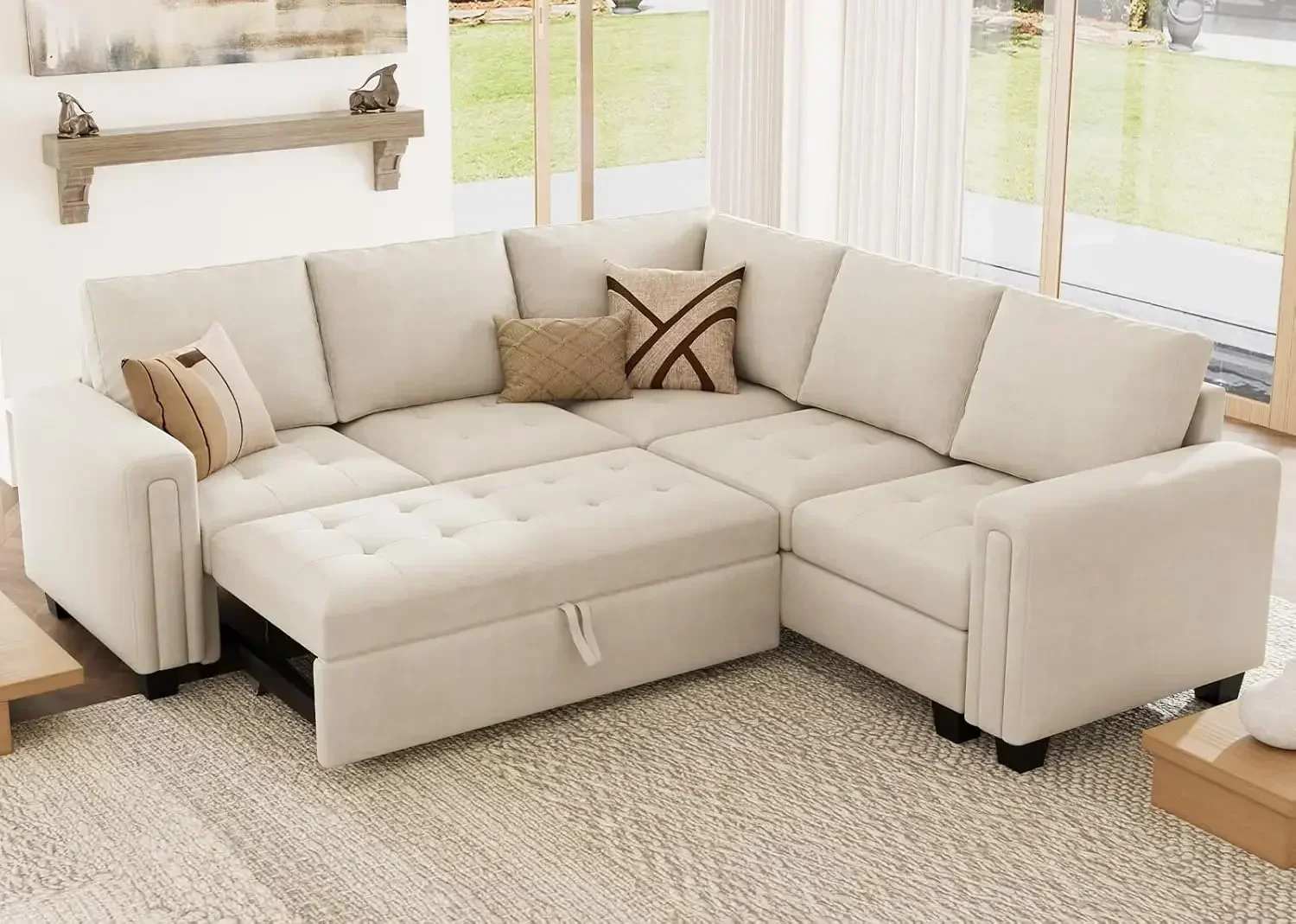 

Modular Sectional Sleeper Sofa with Pull Out Couch Bed Velvet Convertible L Shaped Sectional Couch for Living Room Beige