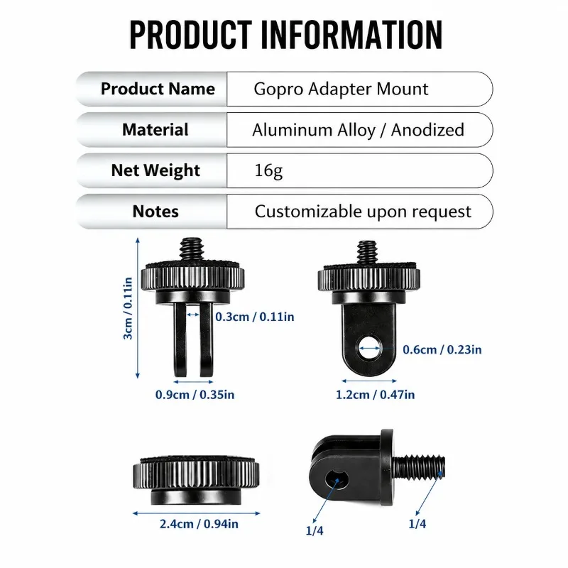 Sports Camera Gopro Adapter with Standard 1/4 Inch Screw Connector Chest Harness Helmet Convert Bracket Universal Photographic