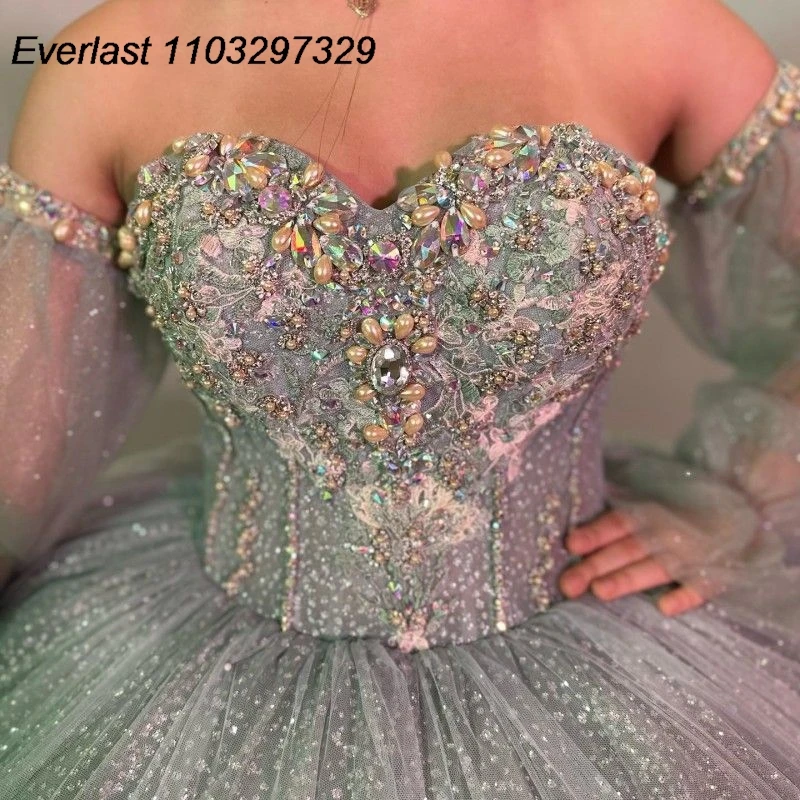 EVLAST Customized Sage Quinceanera Dress Ball Gown Lace Applique Beading Puffy Sleeve Sweet 16 Vestidos De XV 15 Anos TQD664