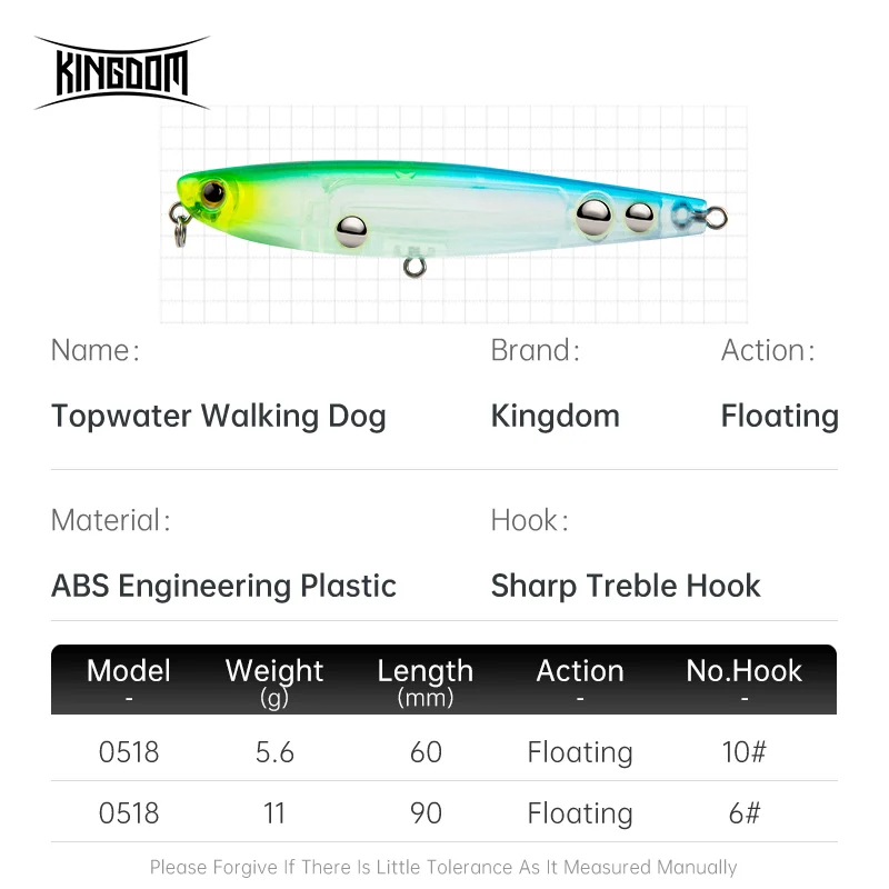 Kingdom Topwater Surface Pencil Fishing Lure 60mm 5.6g 90mm 11g Treble Hooks Z-Claw Artificial Wobblers Floating Hard Baits