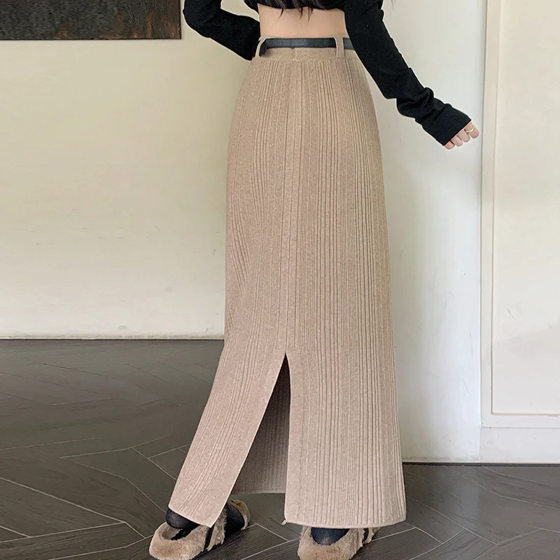 Nieuwe herfst winter mode knoppen effen kleur gebreide rok elegante split rechte pakket hip hoge taille lange rokken
