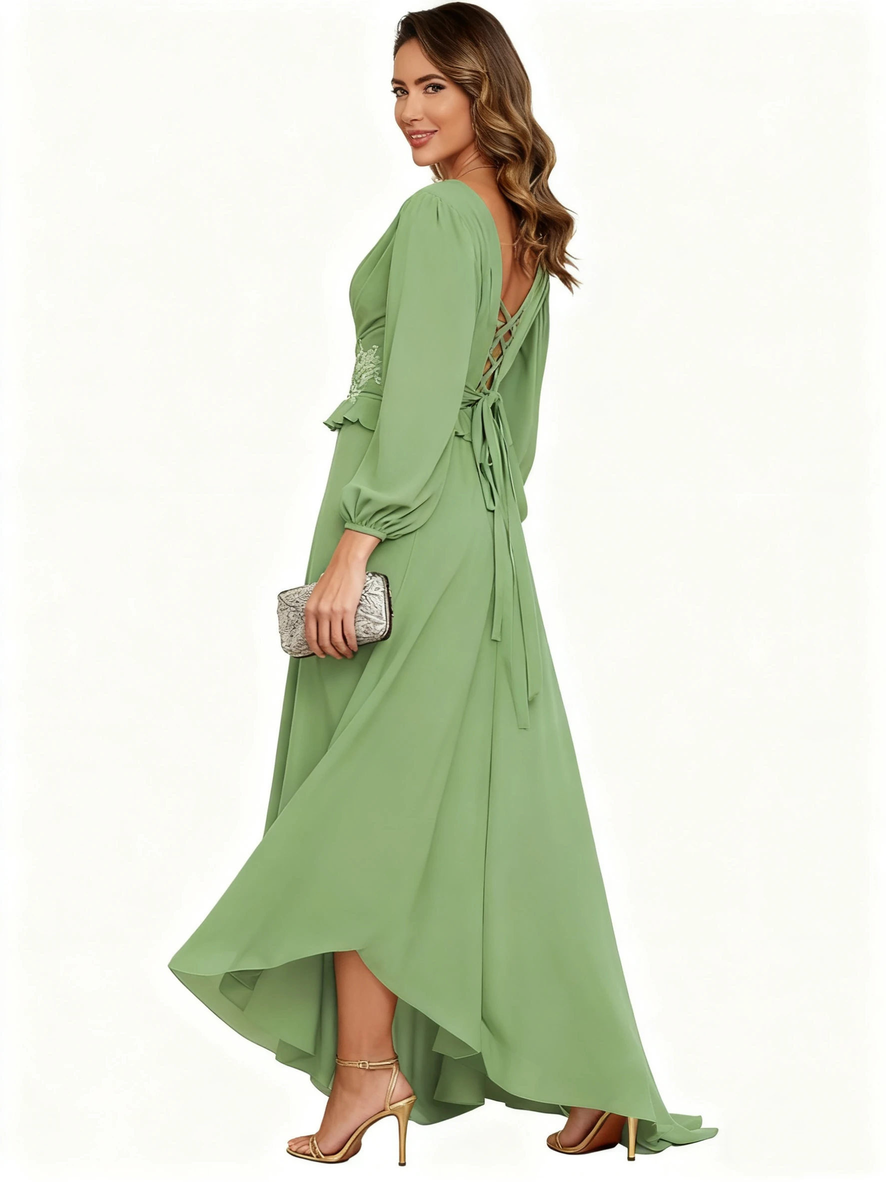 Damen-Kleider für die Brautmutter mit Spitzenapplikation, langen Ärmeln, V-Ausschnitt, formelles Abend- und Partykleid