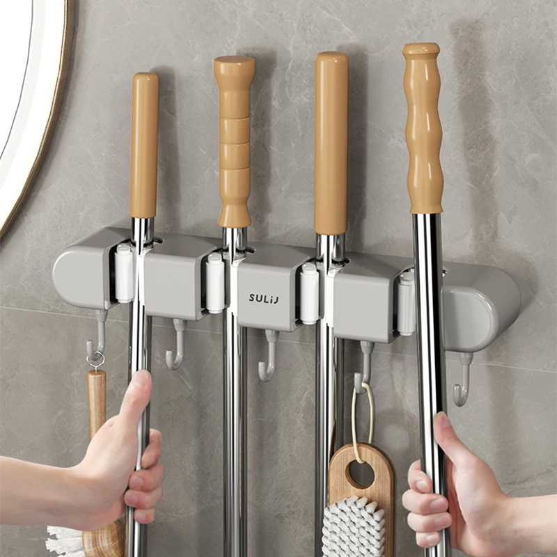 Wall Mounted Mop Holder Plastic Storage rack for Kitchen bathroom Towel Hooks Waterproof  Mop Organizer