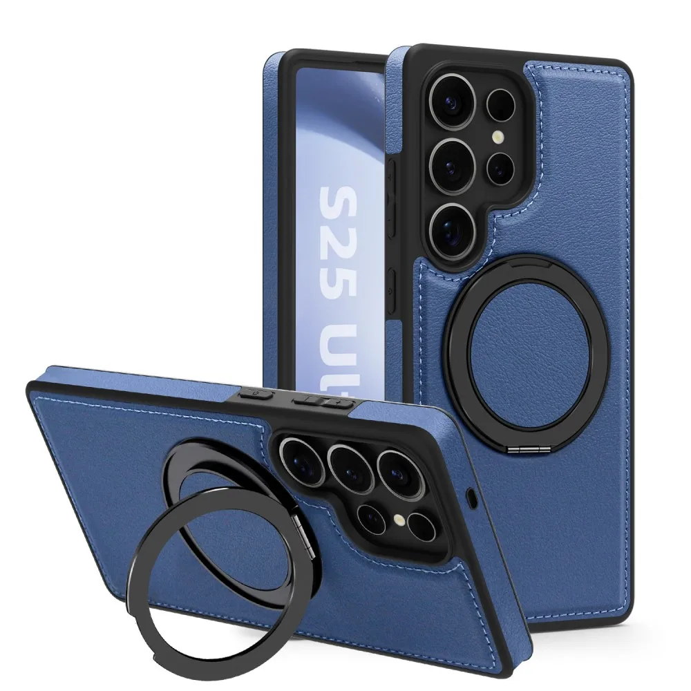 

Leather Phone Case For Samsung Galaxy S25 Plus FE Edge S26 Ultra Magnetic Wireless Charger Shockproof Rotate Holder Back Cover