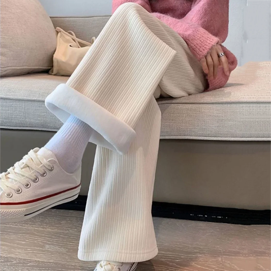 Stretch Baggy Winter Pantalones De Mujer Cintura Alta Thick Warm Loose Ankle Trousers Casual Plus Velvet Wide Leg Pants Women