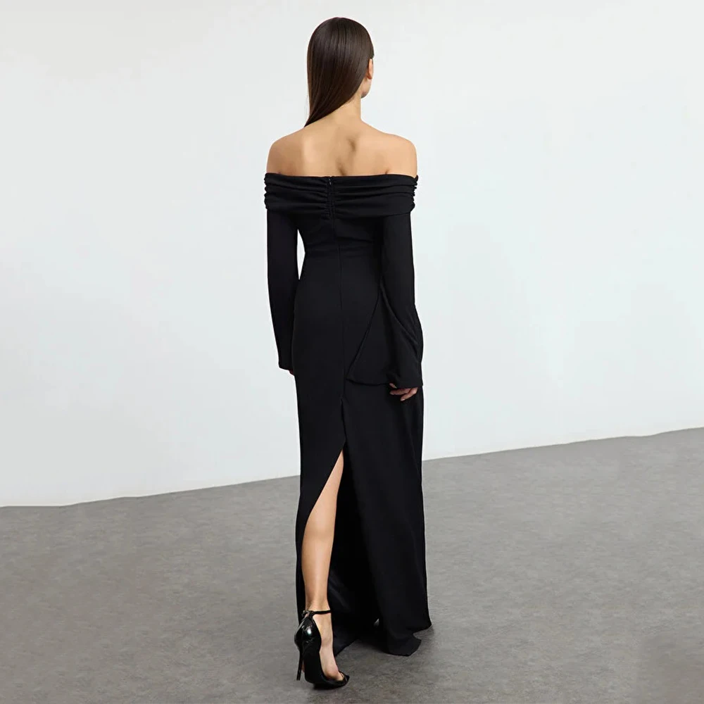 تخصيص بسيط جيرسي الطية مستقيم قارب الرقبة فساتين طويلة مخصصة فساتين المناسبات أزياء رائعة الأحجام المتاحة عارضة