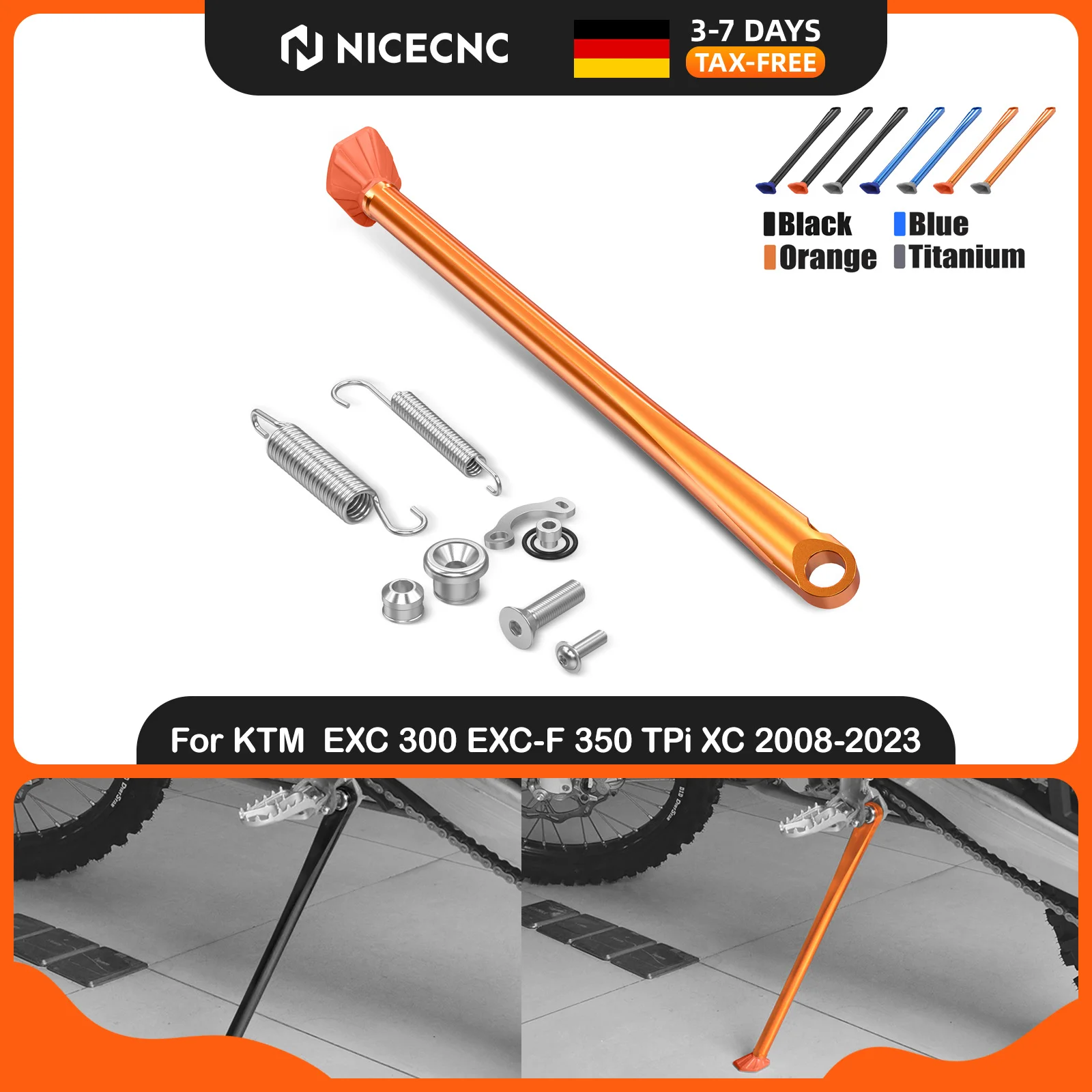 Image of NICECNC Seitenständer & Feder für KTM EXC 300 EXC-F 350 XC 125 200 250 XCF 450 XCW 500 XCF-W 530 SIX DAYS TPi 2008-2023 ersetzt 78003023044 für Husaberg TE 250 TE 300 2009-2014