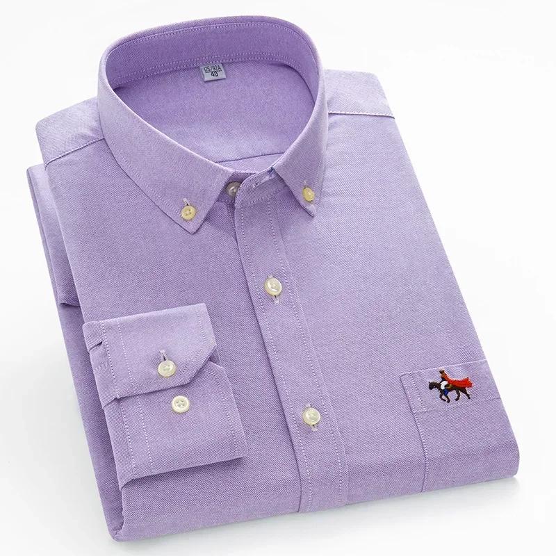 Mens Pure Cotton Oxford Long Sleeve Shirts Classic Vintage Single Pocket Embroidery Casual Shirt Standard Button Workwear Shirts