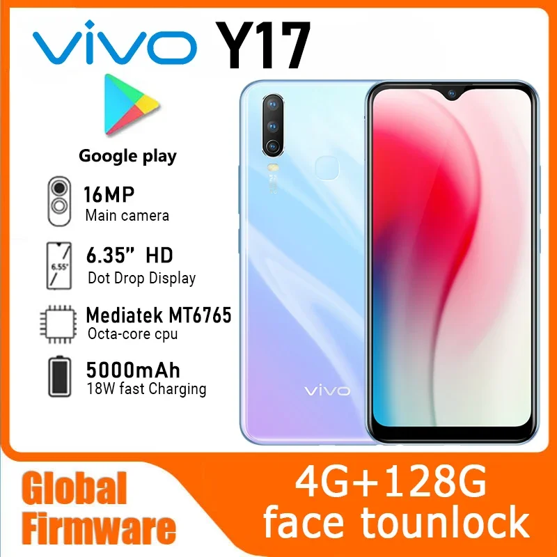 Vivo Y17 4G SmartPhone Global firmware 4GB RAM 128GB ROM Android MediaTek MT6765 Face + Fingerprnit ID Telefones