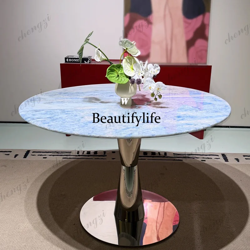 Natural blue crystal luxury stone round dining table high sense dream blue crystal marble round dining table