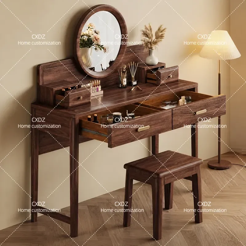 New Chinese Style Black Walnut Solid Wood Dresser Modern Minimalist Light Luxury Makeup Table Vanity for Small Apartment