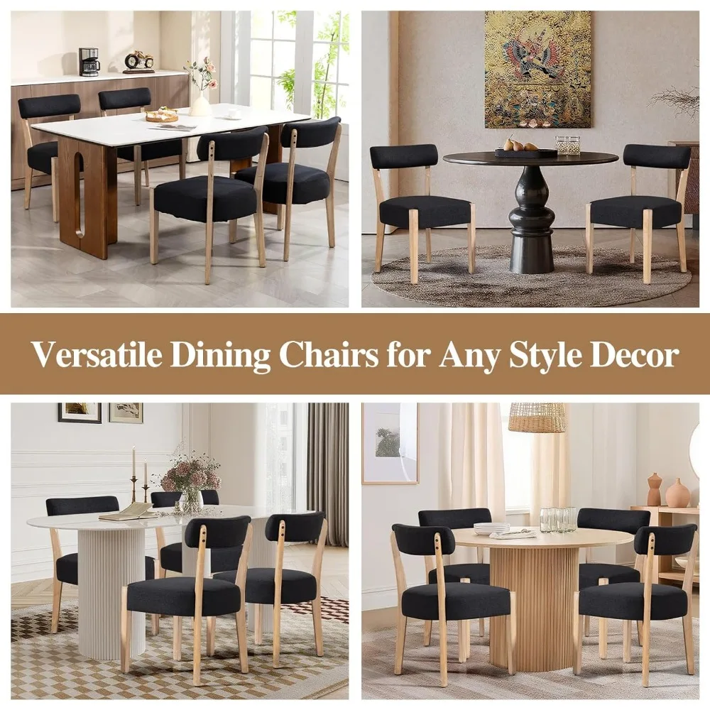 طقم كراسي طعام مكون من 4 قطع، كراسي مطبخ خشبية حديثة من منتصف القرن مع تنجيد من الكتان - تصميم منسوج منخفض الظهر للمطبخ