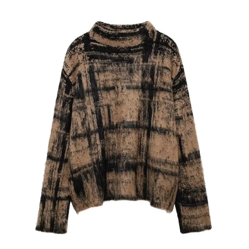 

Women's Plaid Knitted Long Sve High Collar Furry Warm Sweater Autumn Winter New Arrival Faionable Casual Wear