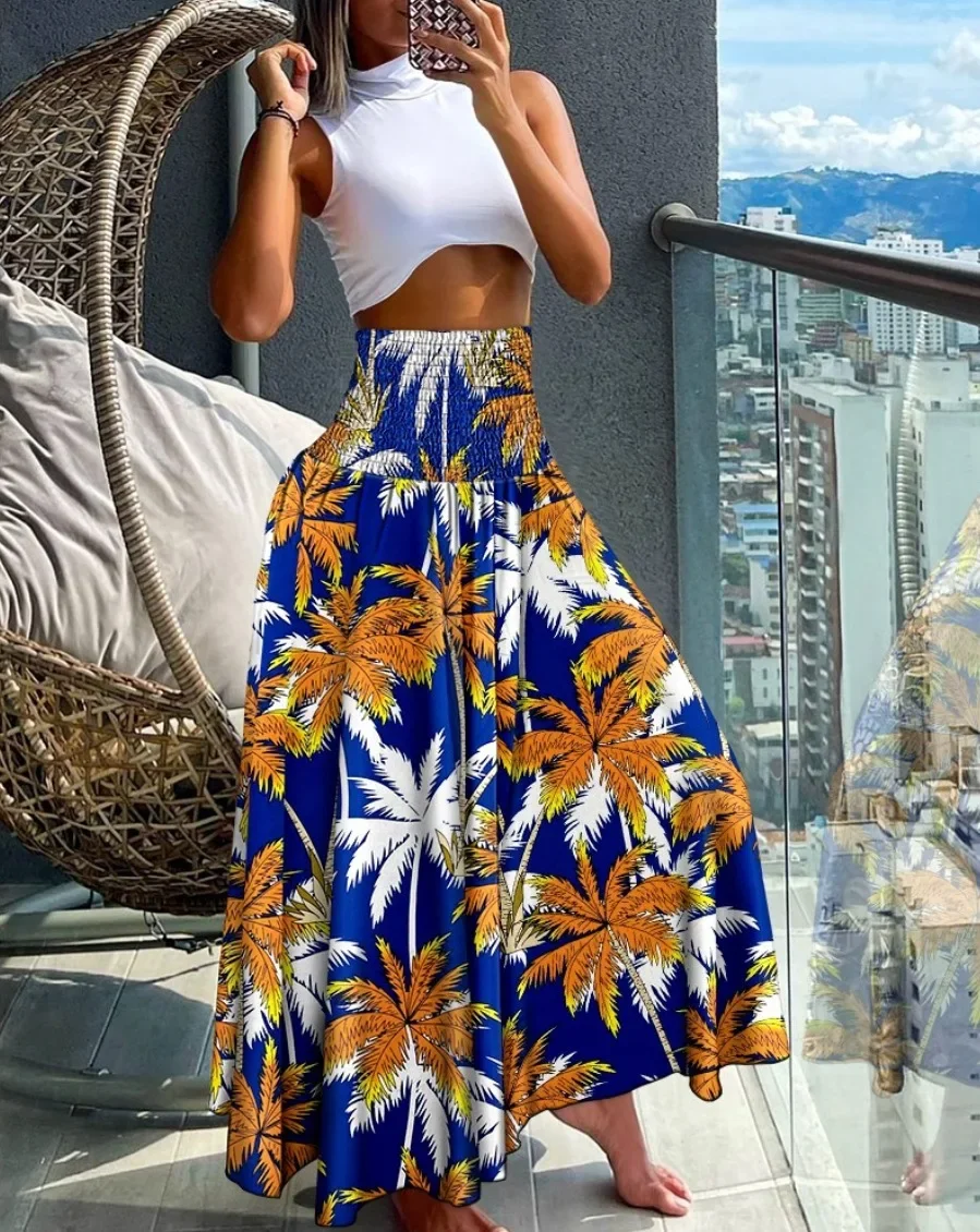 Damen Maxirock mit Smok-Details, hoher Taille und Paisley-Print – Fließender A-Linien-Rock für Strandurlaub und Freizeit – Detail 5