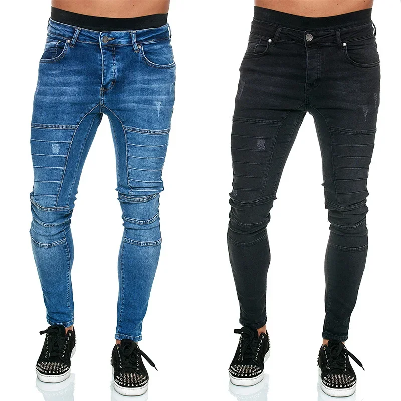 European and American New Style Motorcycle Men's Skinny Jeans, Men's Casual High Street Trendy Brand Slim-fit Denim Trousers.