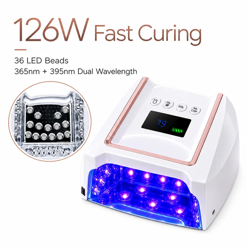 2032 Removable Battery 126W Auto Infrared Sensor UV LED Nail Curing Lamp Cordless Gel Polish Dryer 365nm 405nm Dual Wavelength