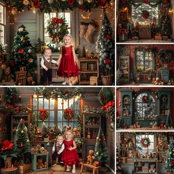 Christmas Wooden House Photography Background Red Xmas Wreath Pine Tree Window Backdrop Kids Winter Gift Cupboard Studio Booth