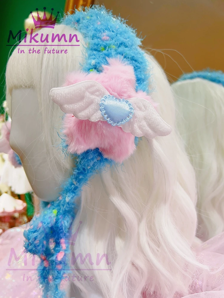 Harajuku Girls Blue Beige Pink Knitted Headbands Y2K Aesthetic Kawaii Plush Star Wings Earmuffs Hairbands Warm Hair Accessory