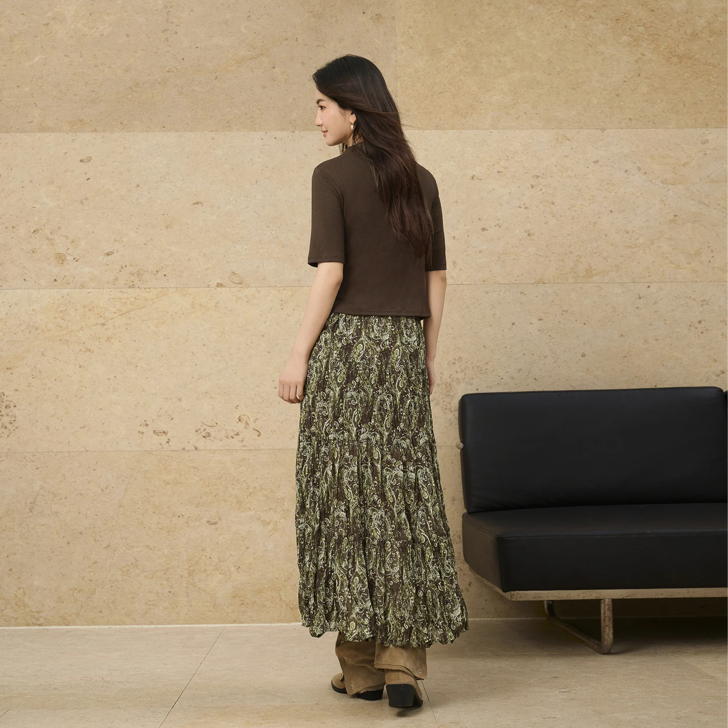 SENTUBILA Women's Coffee Matching Set 2026 Semi-turtleneck Knitted Top Printed Long Skirt Fashion Two-piece Set W63ZC8054 image 2