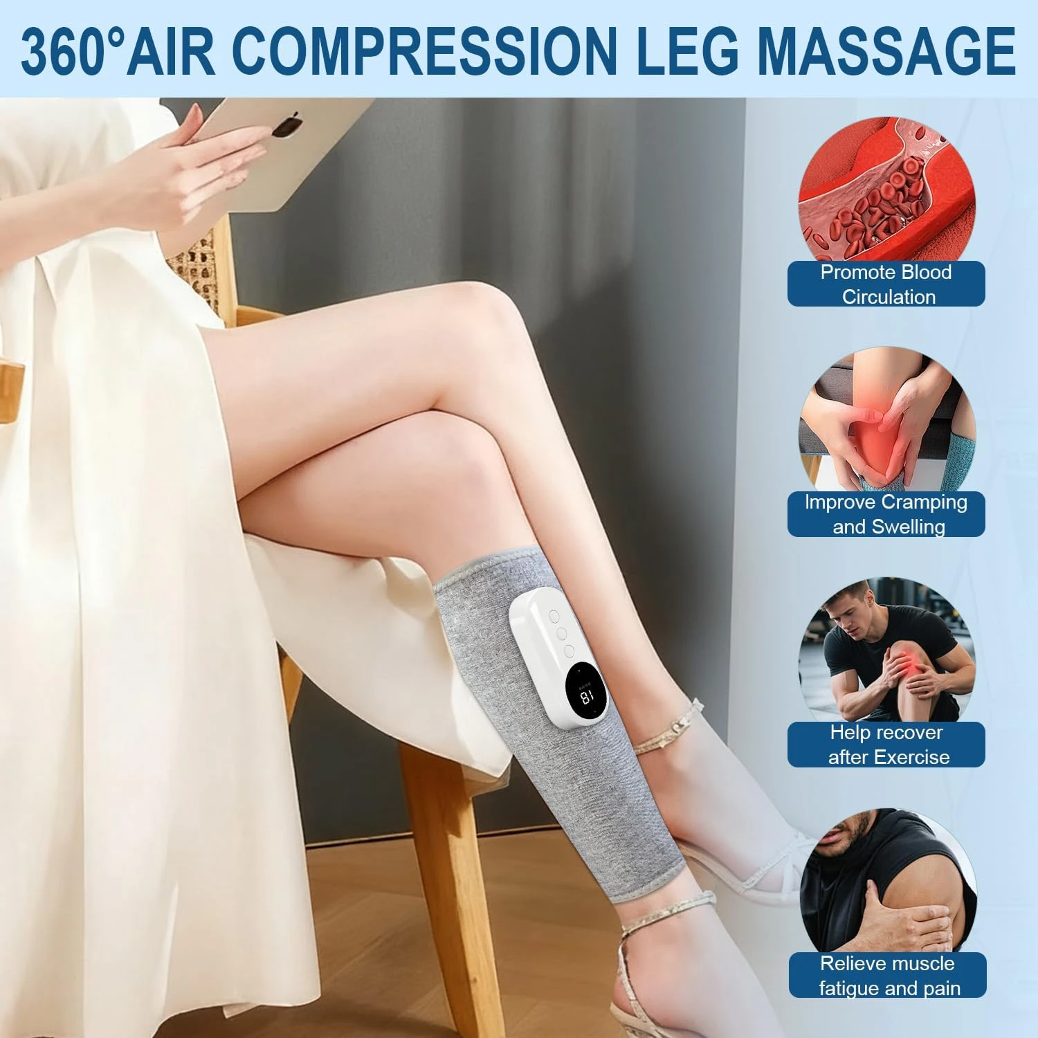 3-in-1 Rechargeable Cordless Calf Leg Massager Wrap Adjustable Compression Kneading Vibration for Sore Muscle Relief Circulation Boost Workout Recovery Single