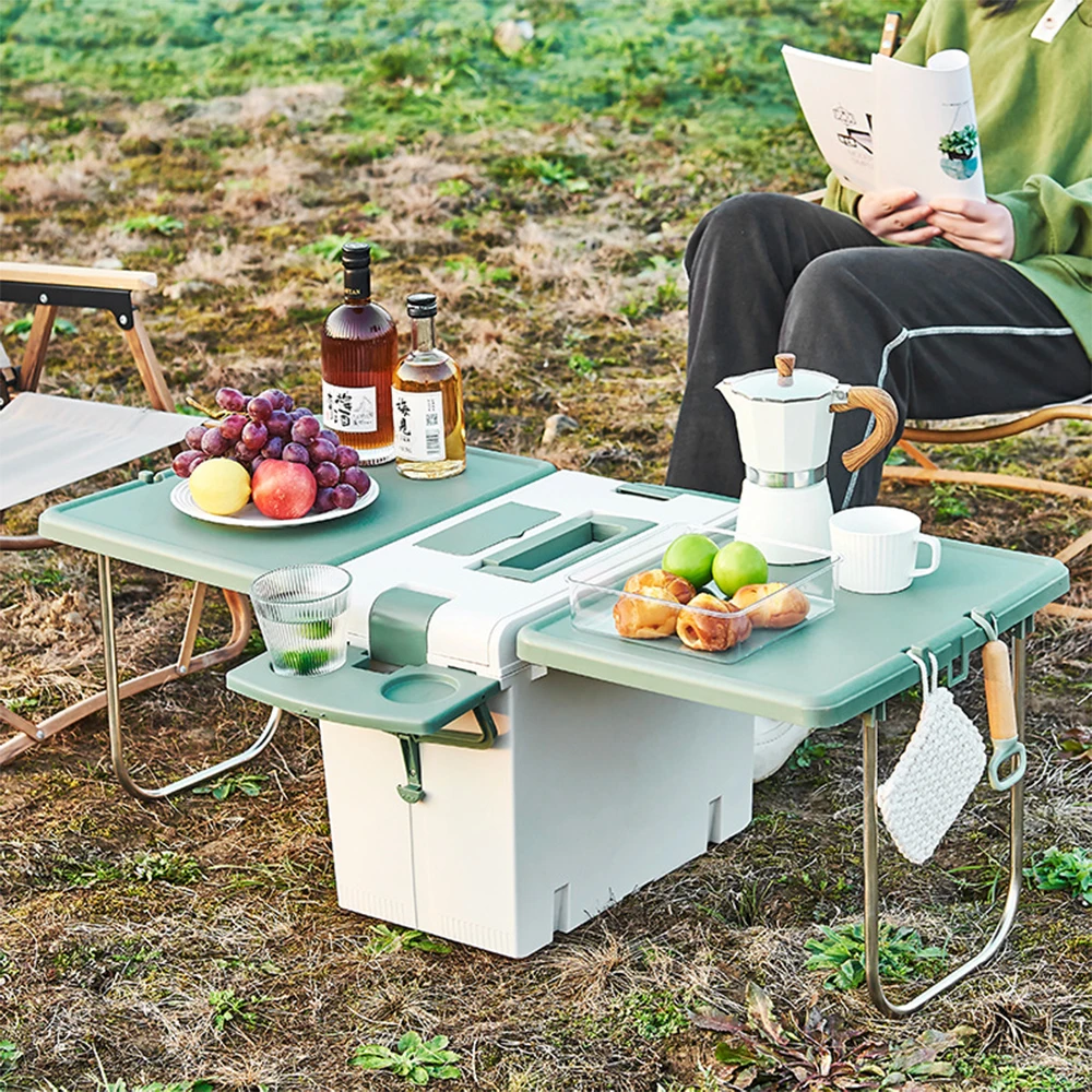 

Custom Modern Design Portable Outdoor Multifunctional Camping Picnic Folding Table Refrigerated Food 2-in1 Insulated Box