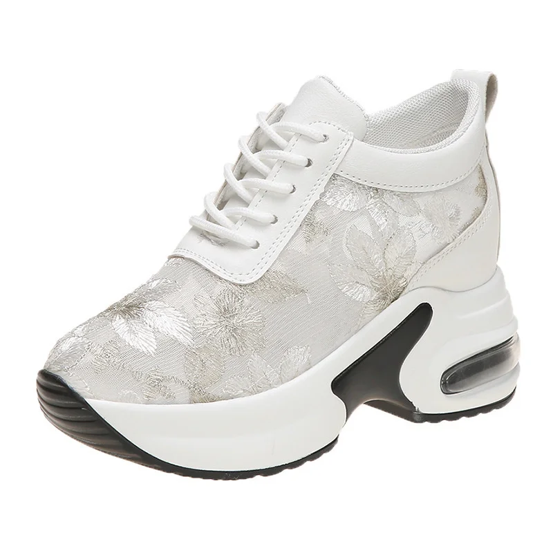 Fashion Flower Embroidered Mesh Breathable Ladies Wedge Platform Sneakers High Heels Lace-Up Shoes Comfortable Height Increasing