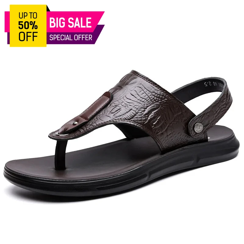 

Летние мужские сандалии из натуральной кожи, модные повседневные черные сандалии без застежек, кожаные шлепанцы, мужские прогулочные туфли на плоской резиновой подошве