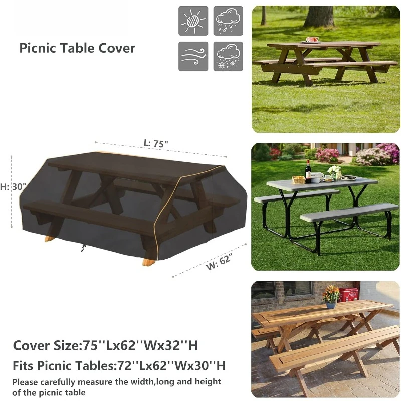 70 / 72 Inch Waterproof Picnic Table Cover With Bench Covers,Classic Black Wind Dust Proof Anti-UV, 72”Outdoor Cover For