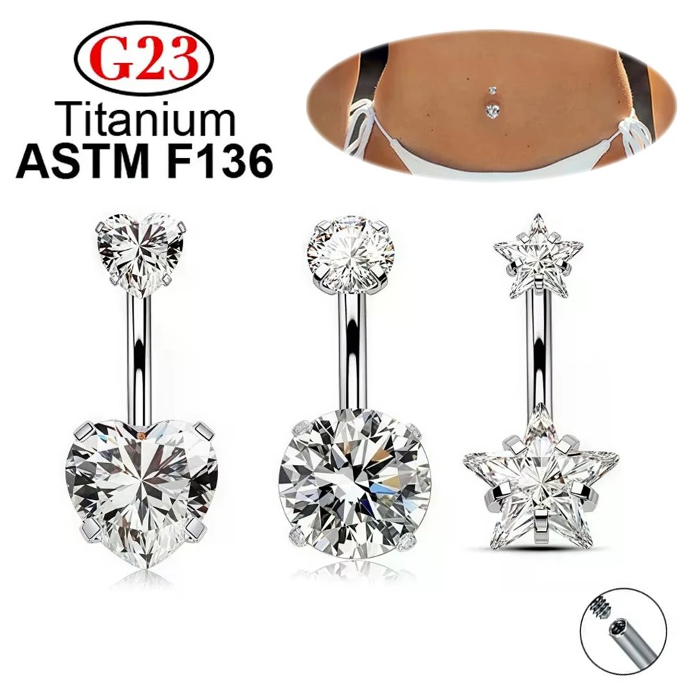 ASTM F136 Titanium Belly Button Ring Round Heart Star Zircon 14G Internal Thread Navel Piercing Ring Bar Body Jewelry for Women