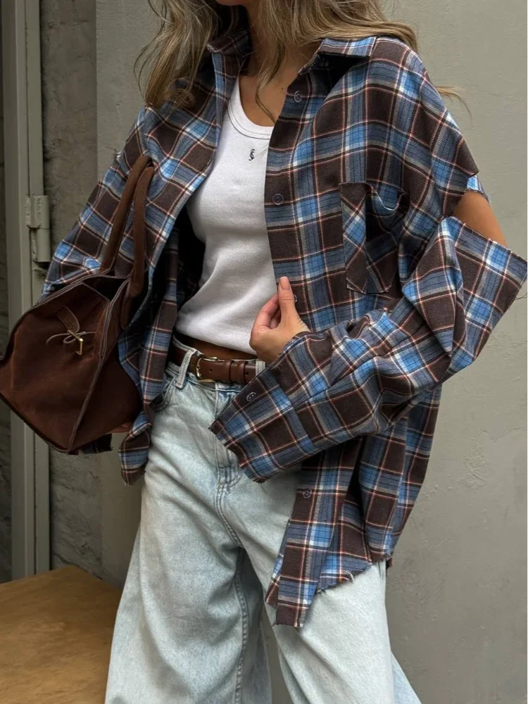 Moda xadrez padrão camisas femininas elegante lapela manga longa único breasted bolso solto topo diário rua outerwear